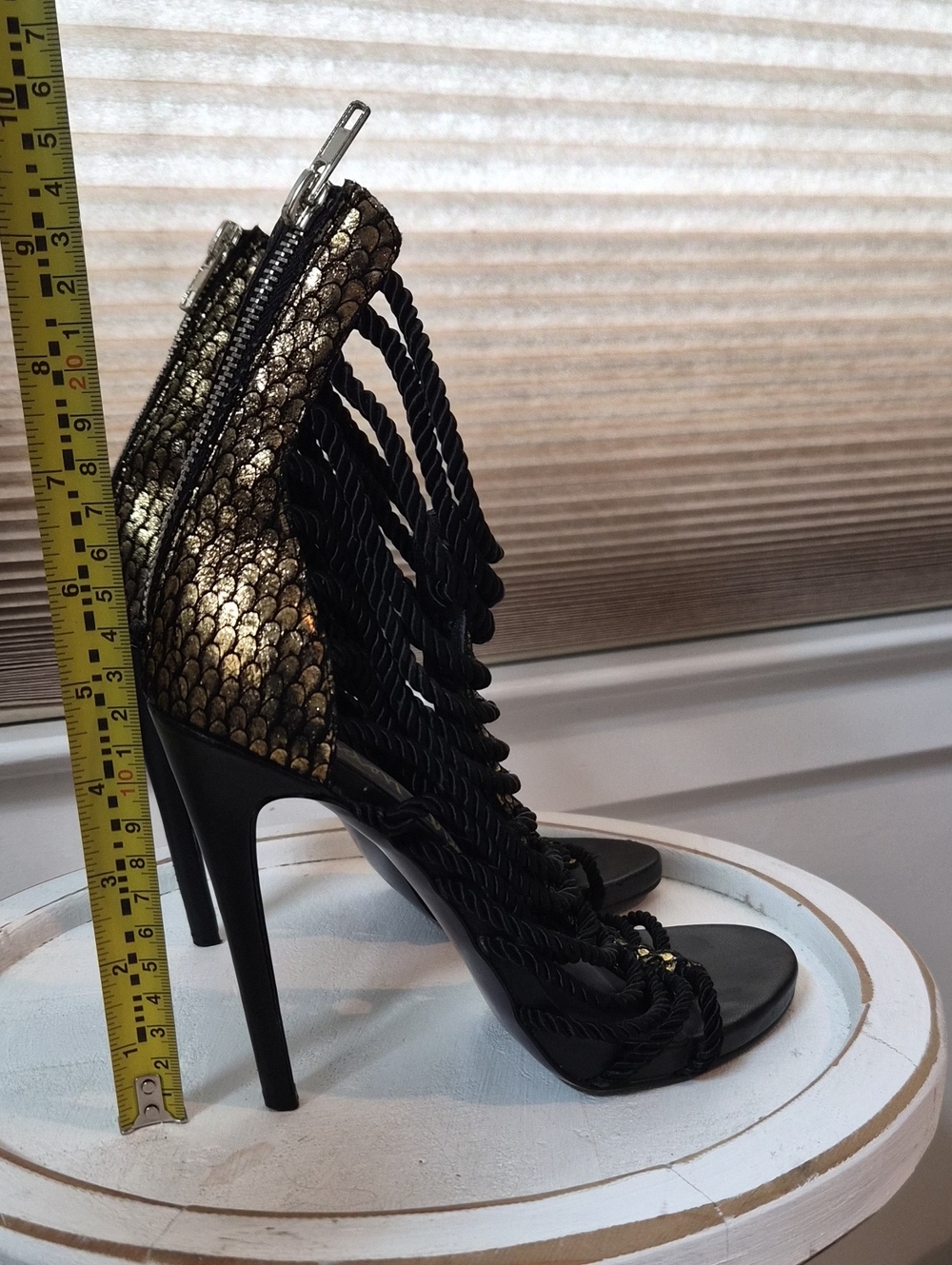 Women's Black and Bronze Stappy High Heel Rope Sandals London Trash Brand 7